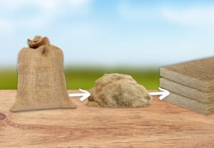 Dämmjute Upcycling-Prozess: Jutesack > Jutefaser > Dämmplatten